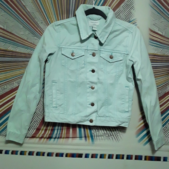 Forever 21 Girls Age 12-13 (152-158cm) Light Blue-Green Denim Type Jean Jacket - Picture 3 of 16